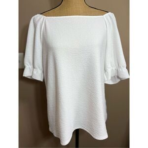 Cato Blouse Crepe Textured Peasant Top Size L 1/2 Flutter Sleeve Professional